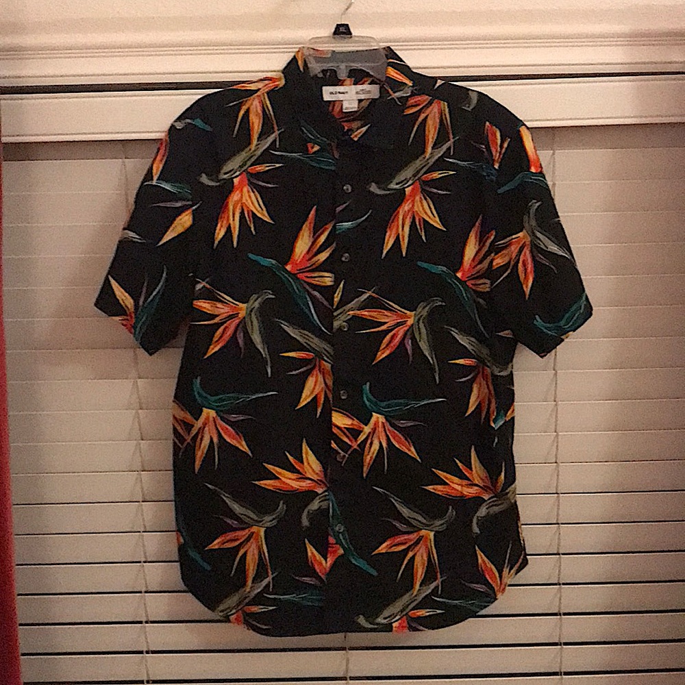 Mens Black/Multicolored Tropical Button Down Shirt